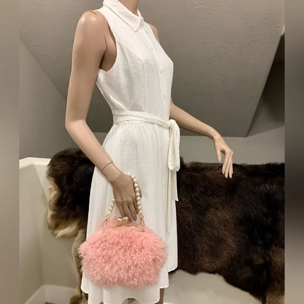 Handmade Genuine Curly Shearling Kisslock Wristlet/Shoulder Bag/Crossbody